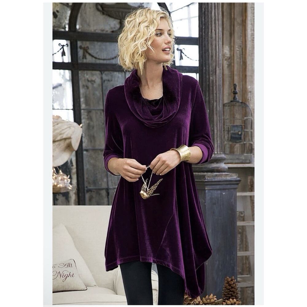 Soft Surroundings Womens Velvet Asymmetrical Hem Cowl Neck Tunic 1X Lagenlook